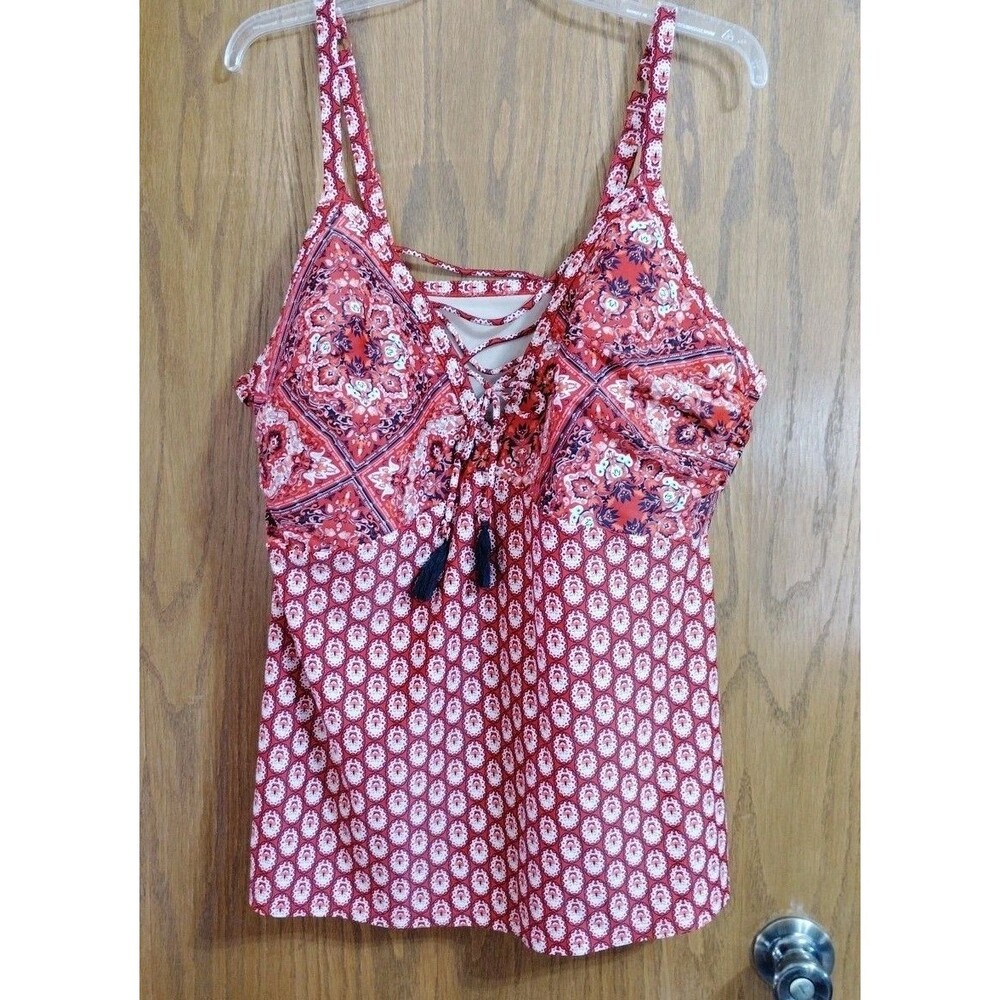 Swim by Cacique Sz 20 Tankini Top Beach Red White Paisley Batik